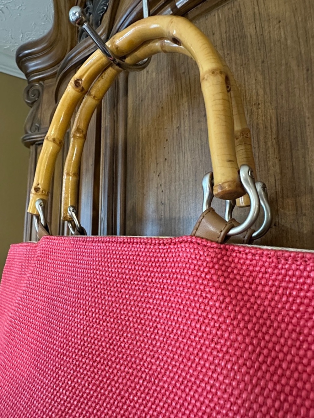 Fossil Watermelon Pink Bamboo-Handle Women's Tweed Mid -Large Top-Handle Bag - Picture 5 of 14